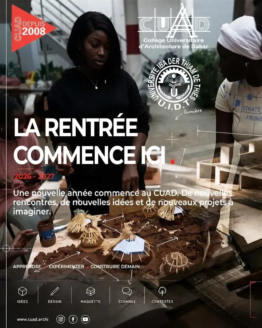 Affiche « La rentrée commence ici » 2026-2027 — étudiantes du CUAD en atelier de maquette